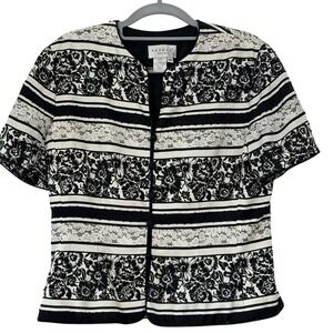 Papell Petites Silk Beaded Floral Blouse 10P Black White